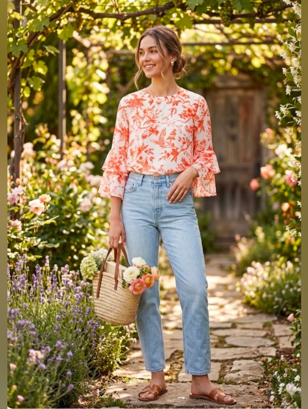 Violet + Claire 3/4 Ruffle Sleeve Blouse Orange Toile Print Size S